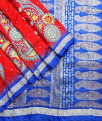  Red and blue handwoven fancy silk saree