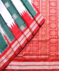 Red, green and gray handwoven polyster and silk mix saree