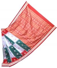 Red, green and gray handwoven polyster and silk mix saree