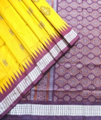 Yellow and coffee handwoven polyster and silk mix saree