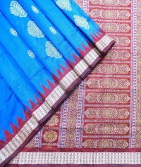 Blue and maroon handwoven polyster and silk mix saree