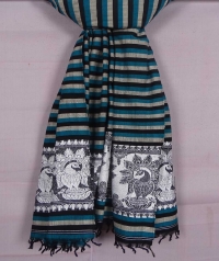 Teal green, black and white handwoven cotton and wool mixed shawl
