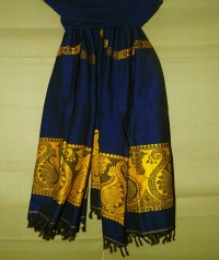 Navy blue and yellow handwoven cotton and wool mixed shawl