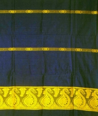 Navy blue and yellow handwoven cotton and wool mixed shawl