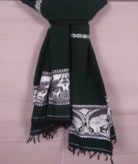 Green and white handwoven cotton and wool mixed shawl