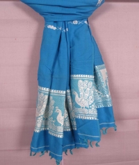 Sky blue and white handwoven cotton and wool mixed shawl