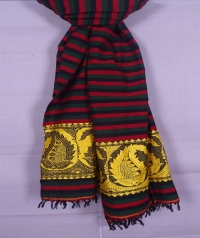 Red, green and black handwoven cotton and wool mixed shawl