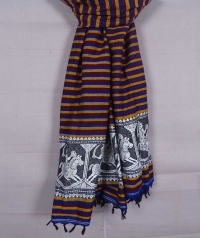 Yellow, blue and maroon handwoven cotton and wool mixed shawl