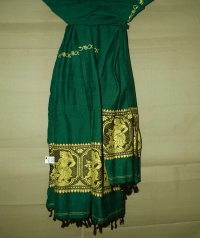 Teal green and off white handwoven cotton and wool mixed shawl