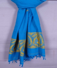 Sky blue and yellow handwoven cotton and wool mixed shawl