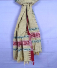 Off white,red & green handwoven tussar shawl