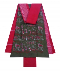 Green and red sambalpuri cotton suit piece