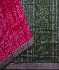 Coral pink olive green handwoven sambalpuri silk saree