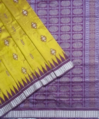 Corn yellow maroon colour handwoven Bomkei silk saree