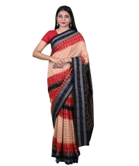 Beige red black colour handwoven cotton saree