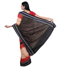 Beige red black colour handwoven cotton saree