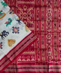 Off white red colour handwoven khandua silk saree