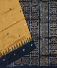 Mustard black colour handwoven silk saree