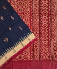 Navy blue red colour handwoven cotton bomkai saree
