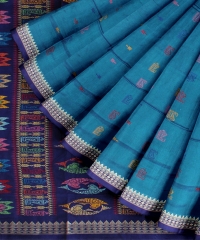 Turquoise Navy Blue Silk Handloom Bomkai Saree