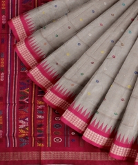 Grey Pink Silk Handloom Bomkai Saree