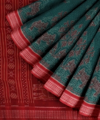 Dark Green Red Cotton Handloom Sambalpuri Saree