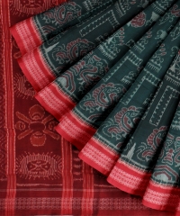 Dark Green Red Cotton Handloom Sambalpuri Saree