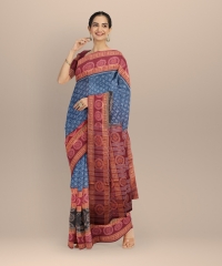 Teal blue maroon handloom cotton saree