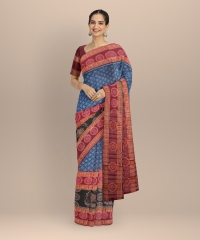 Teal blue maroon handloom cotton saree