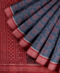 Skyblue red handloom cottonn saree
