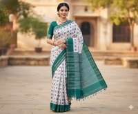 WHITE GREEN HANDLOOM SAMBALPURI SAREE